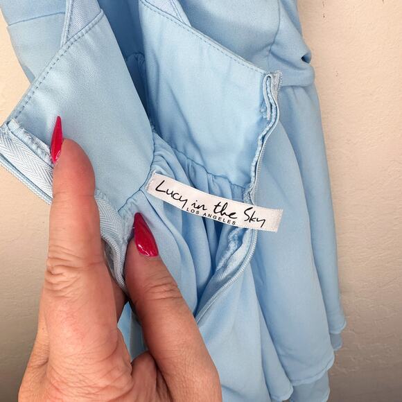 Lucy in The Sky Secret Crush Sleeveless Pleated Tie Waist Romper Sky Blue XS - Picture 7 of 14